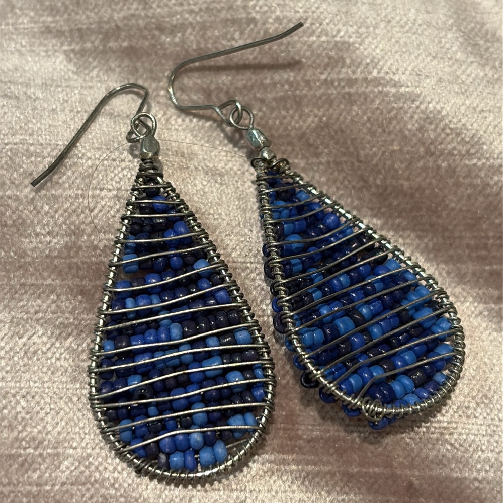 Royal Blue Teardrop Dangle Earrings 2” Beaded French Hook Earrings Boho - Picture 3 of 5